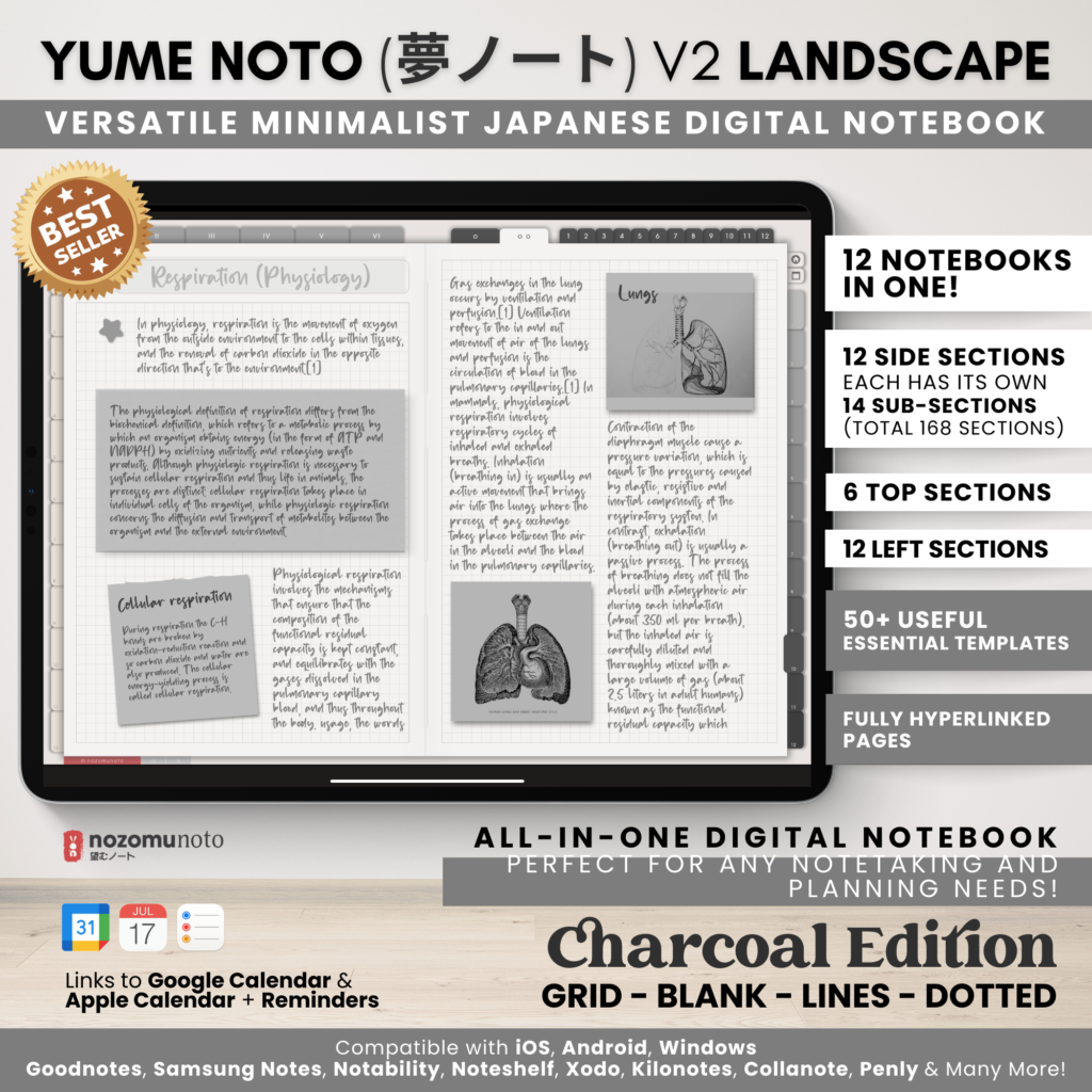 Digital Notebook V2 Landscape Yume Noto NozomuNoto Japanese Multipurpose Minimalist ADHD Bullet Journal Hyperlinked PDF Goodnotes Notability Android Tablet iPad Student Study Teacher Travel Cornell Grid Lines Dotted Template Noteshelf Samsung Xodo
