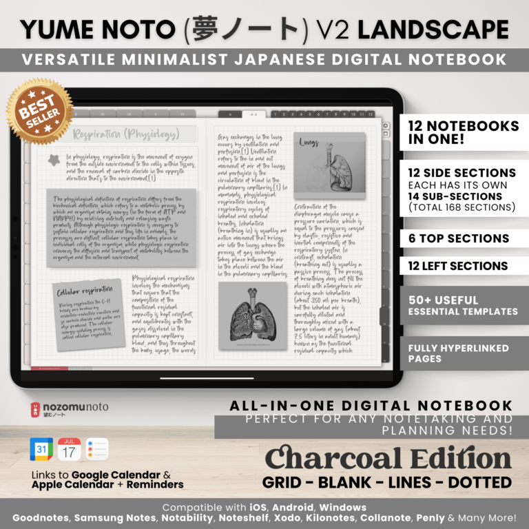 Digital Notebook V2 Landscape Yume Noto NozomuNoto Japanese Multipurpose Minimalist ADHD Bullet Journal Hyperlinked PDF Goodnotes Notability Android Tablet iPad Student Study Teacher Travel Cornell Grid Lines Dotted Template Noteshelf Samsung Xodo