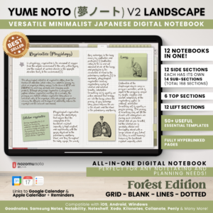 Digital Notebook V2 Landscape Yume Noto NozomuNoto Japanese Multipurpose Minimalist ADHD Bullet Journal Hyperlinked PDF Goodnotes Notability Android Tablet iPad Student Study Teacher Travel Cornell Grid Lines Dotted Template Noteshelf Samsung Xodo