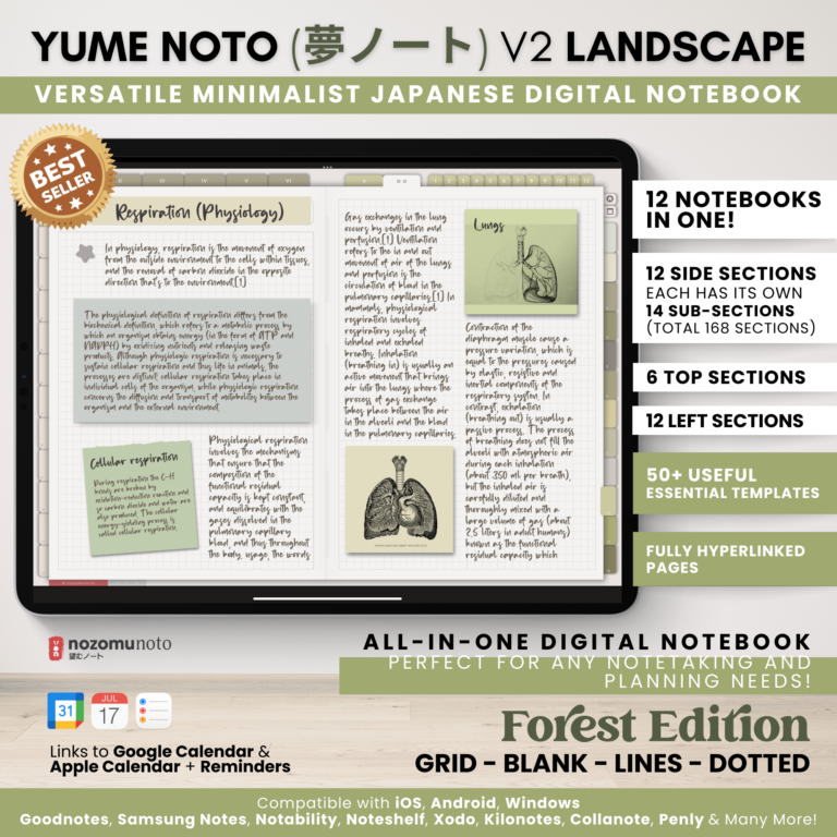 Digital Notebook V2 Landscape Yume Noto NozomuNoto Japanese Multipurpose Minimalist ADHD Bullet Journal Hyperlinked PDF Goodnotes Notability Android Tablet iPad Student Study Teacher Travel Cornell Grid Lines Dotted Template Noteshelf Samsung Xodo