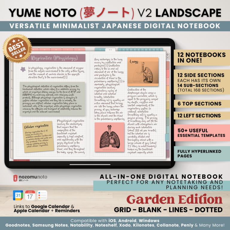 Digital Notebook V2 Landscape Yume Noto NozomuNoto Japanese Multipurpose Minimalist ADHD Bullet Journal Hyperlinked PDF Goodnotes Notability Android Tablet iPad Student Study Teacher Travel Cornell Grid Lines Dotted Template Noteshelf Samsung Xodo