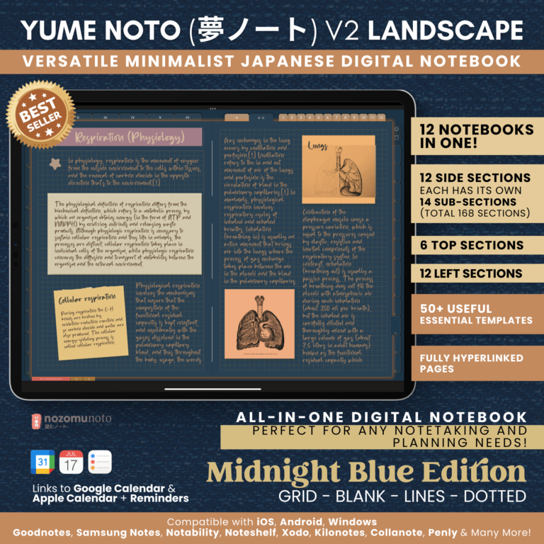 Digital Notebook V2 Landscape Dark Yume Noto NozomuNoto Japanese Multipurpose Minimalist ADHD Bullet Journal Hyperlinked PDF Goodnotes Notability Android Tablet iPad Student Study Teacher Travel Cornell Grid Lines Dotted Template Noteshelf Samsung