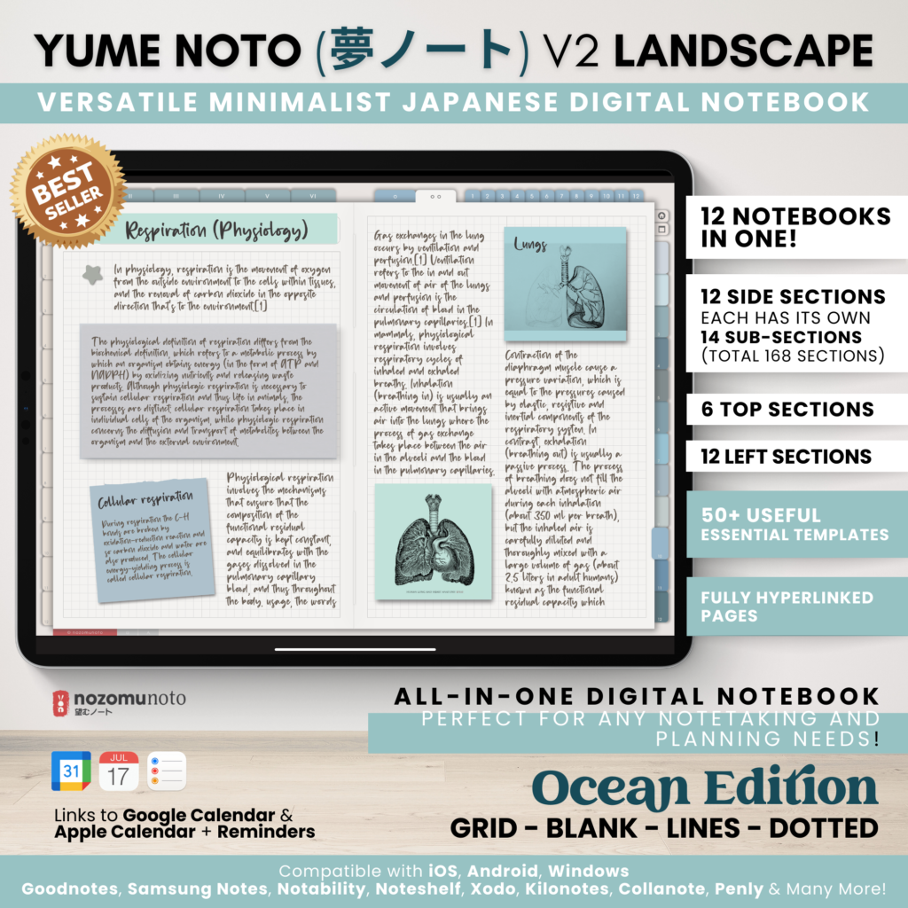 Digital Notebook V2 Landscape Yume Noto NozomuNoto Japanese Multipurpose Minimalist ADHD Bullet Journal Hyperlinked PDF Goodnotes Notability Android Tablet iPad Student Study Teacher Travel Cornell Grid Lines Dotted Template Noteshelf Samsung Xodo