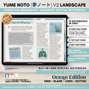 Digital Notebook V2 Landscape Yume Noto NozomuNoto Japanese Multipurpose Minimalist ADHD Bullet Journal Hyperlinked PDF Goodnotes Notability Android Tablet iPad Student Study Teacher Travel Cornell Grid Lines Dotted Template Noteshelf Samsung Xodo