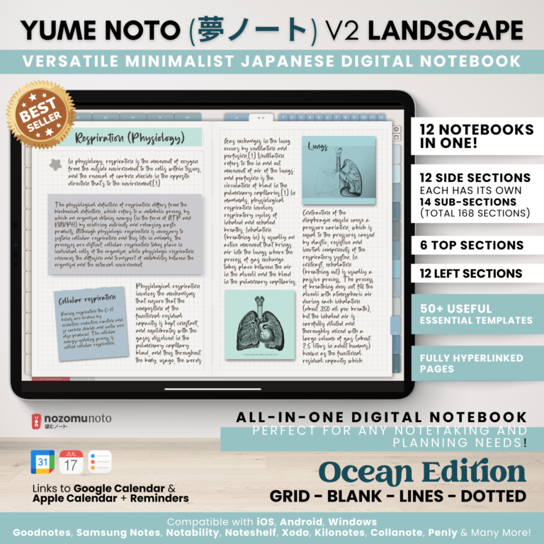 Digital Notebook V2 Landscape Yume Noto NozomuNoto Japanese Multipurpose Minimalist ADHD Bullet Journal Hyperlinked PDF Goodnotes Notability Android Tablet iPad Student Study Teacher Travel Cornell Grid Lines Dotted Template Noteshelf Samsung Xodo