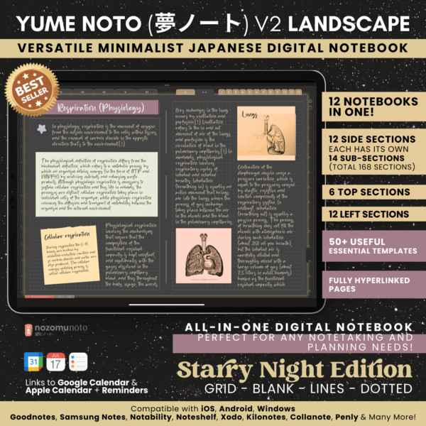 Digital Notebook V2 Landscape Dark Yume Noto NozomuNoto Japanese Multipurpose Minimalist ADHD Bullet Journal Hyperlinked PDF Goodnotes Notability Android Tablet iPad Student Study Teacher Travel Cornell Grid Lines Dotted Template Noteshelf Samsung
