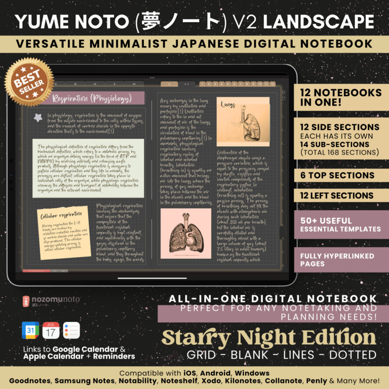 Digital Notebook V2 Landscape Dark Yume Noto NozomuNoto Japanese Multipurpose Minimalist ADHD Bullet Journal Hyperlinked PDF Goodnotes Notability Android Tablet iPad Student Study Teacher Travel Cornell Grid Lines Dotted Template Noteshelf Samsung