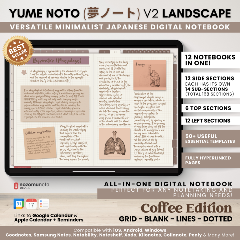 Digital Notebook V2 Landscape Yume Noto NozomuNoto Japanese Multipurpose Minimalist ADHD Bullet Journal Hyperlinked PDF Goodnotes Notability Android Tablet iPad Student Study Teacher Travel Cornell Grid Lines Dotted Template Noteshelf Samsung Xodo