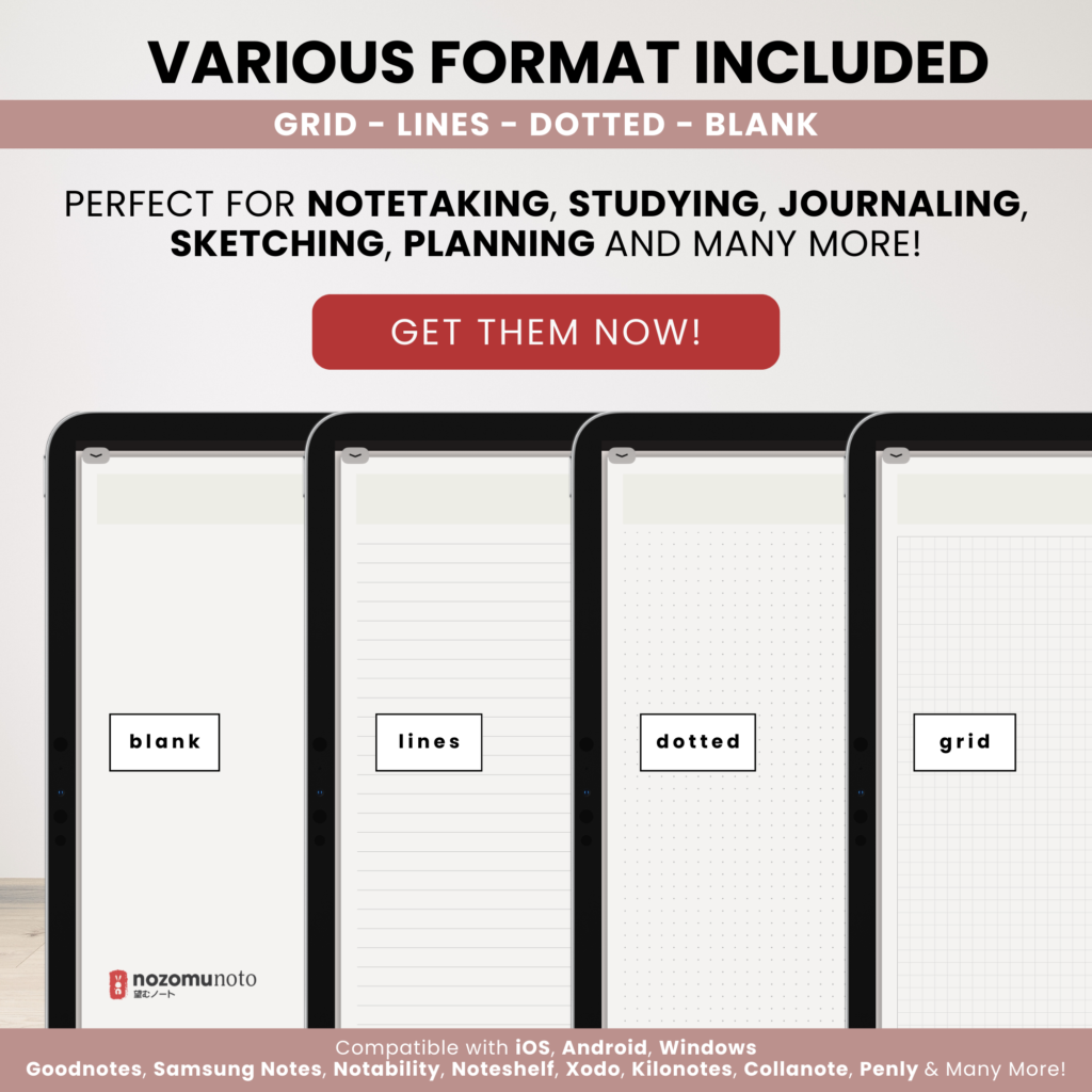 Digital Notebook V2 Landscape Yume Noto NozomuNoto Japanese Multipurpose Minimalist ADHD Bullet Journal Hyperlinked PDF Goodnotes Notability Android Tablet iPad Student Study Teacher Travel Cornell Grid Lines Dotted Template Noteshelf Samsung Xodo