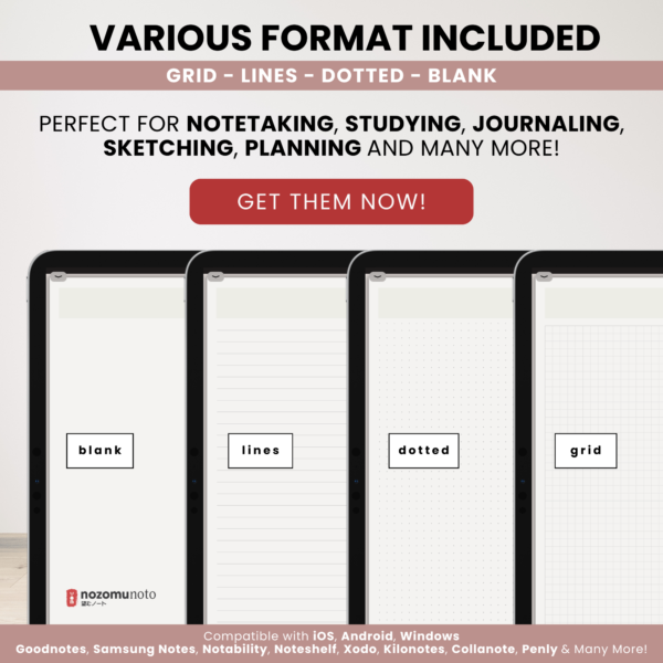Digital Notebook V2 Landscape Yume Noto NozomuNoto Japanese Multipurpose Minimalist ADHD Bullet Journal Hyperlinked PDF Goodnotes Notability Android Tablet iPad Student Study Teacher Travel Cornell Grid Lines Dotted Template Noteshelf Samsung Xodo