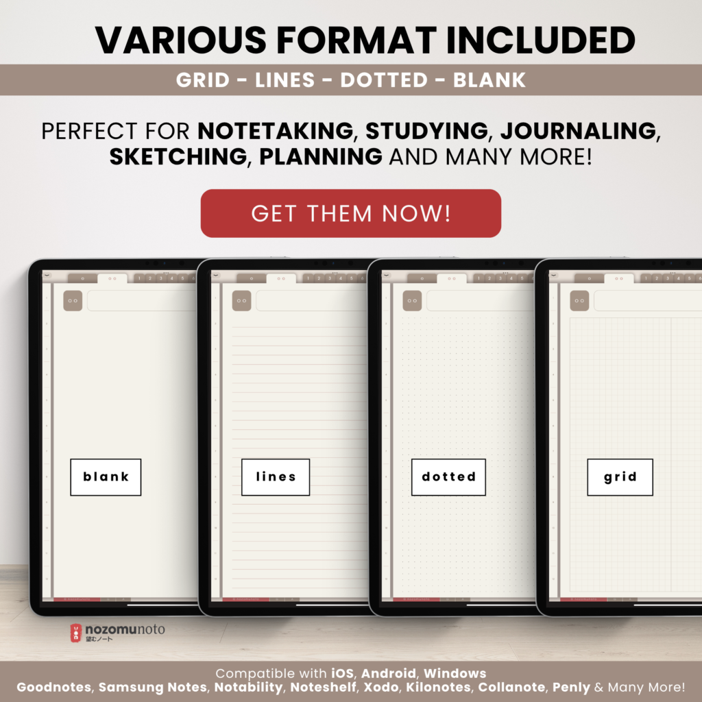 Digital Notebook V2 Yume Noto NozomuNoto Japanese Multipurpose Minimalist ADHD Bullet Journal Hyperlinked PDF Goodnotes Notability Android Tablet iPad Student Study Teacher Travel Cornell Grid Lines Dotted Template Noteshelf Noteful Kilonotes Collanote Zoomnotes Samsung Xodo