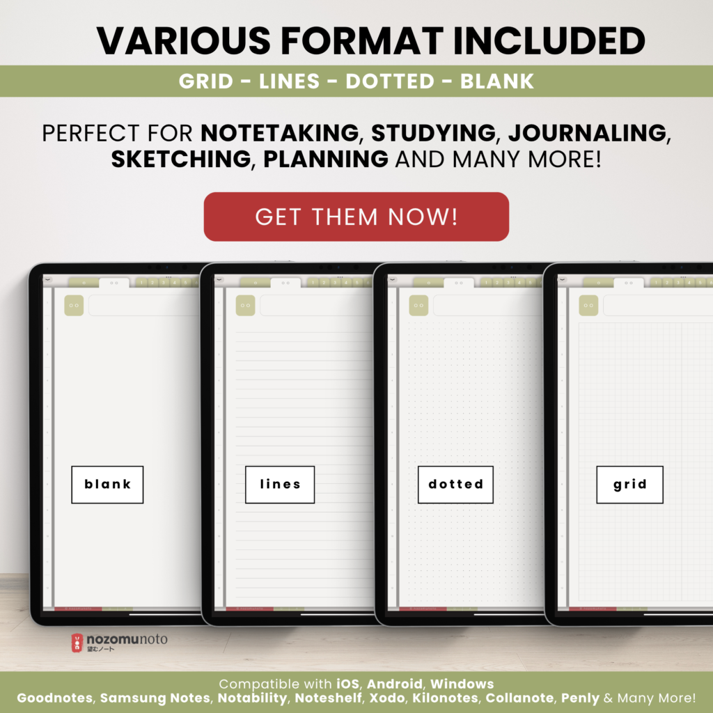 Digital Notebook V2 Yume Noto NozomuNoto Japanese Multipurpose Minimalist ADHD Bullet Journal Hyperlinked PDF Goodnotes Notability Android Tablet iPad Student Study Teacher Travel Cornell Grid Lines Dotted Template Noteshelf Noteful Kilonotes Collanote Zoomnotes Samsung Xodo