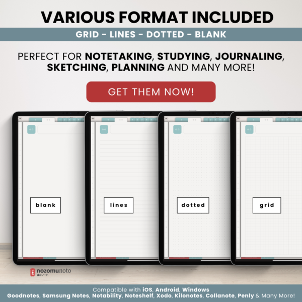 Digital Notebook V2 Yume Noto NozomuNoto Japanese Multipurpose Minimalist ADHD Bullet Journal Hyperlinked PDF Goodnotes Notability Android Tablet iPad Student Study Teacher Travel Cornell Grid Lines Dotted Template Noteshelf Noteful Kilonotes Collanote Zoomnotes Samsung Xodo