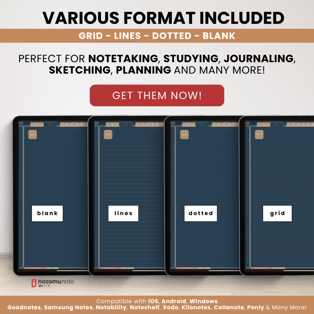 Digital Notebook V2 Yume Noto NozomuNoto Japanese Multipurpose Minimalist ADHD Bullet Journal Hyperlinked PDF Goodnotes Notability Android Tablet iPad Student Study Teacher Travel Cornell Grid Lines Dotted Template Noteshelf Noteful Kilonotes Collanote Zoomnotes Samsung Xodo