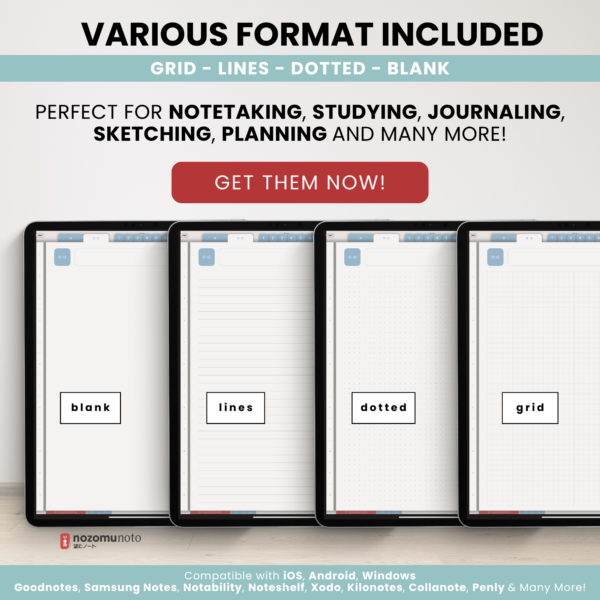 Digital Notebook V2 Yume Noto NozomuNoto Japanese Multipurpose Minimalist ADHD Bullet Journal Hyperlinked PDF Goodnotes Notability Android Tablet iPad Student Study Teacher Travel Cornell Grid Lines Dotted Template Noteshelf Noteful Kilonotes Collanote Zoomnotes Samsung Xodo