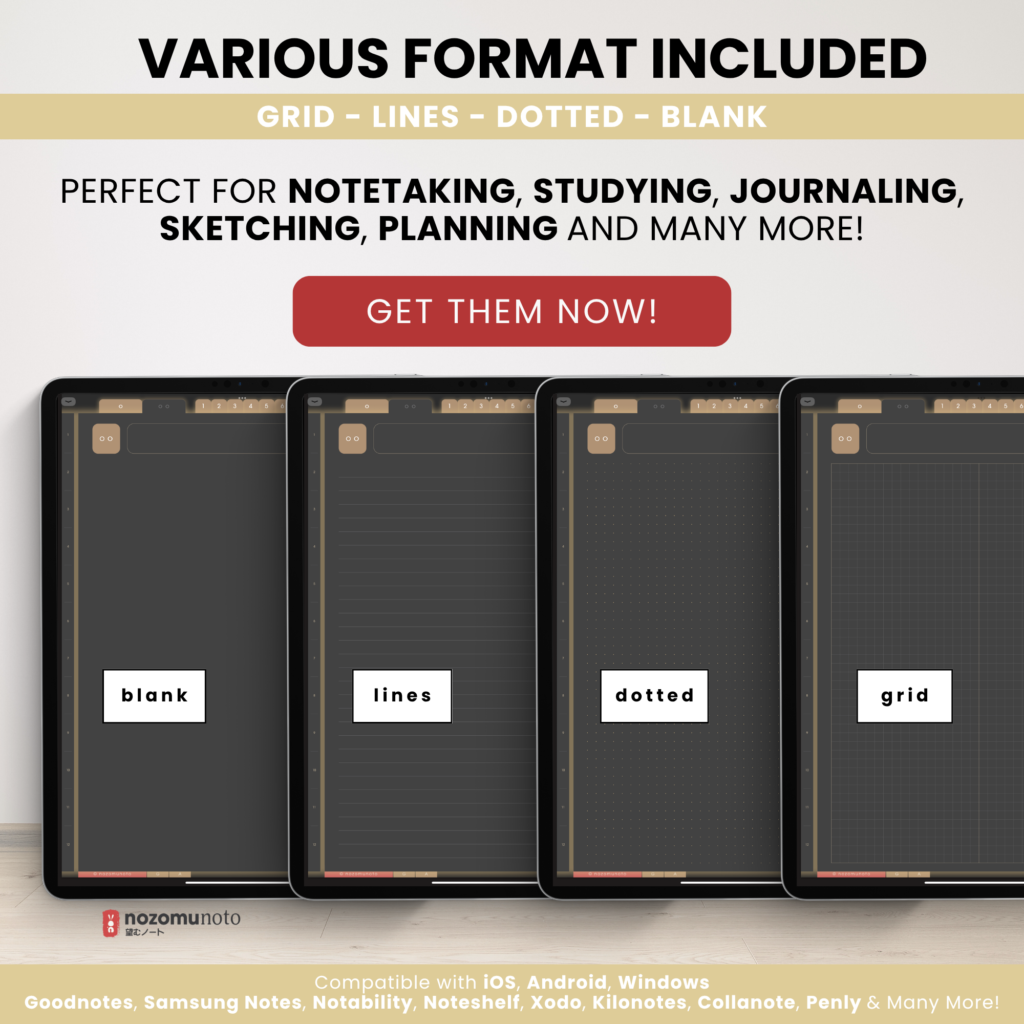 Digital Notebook V2 Yume Noto NozomuNoto Japanese Multipurpose Minimalist ADHD Bullet Journal Hyperlinked PDF Goodnotes Notability Android Tablet iPad Student Study Teacher Travel Cornell Grid Lines Dotted Template Noteshelf Noteful Kilonotes Collanote Zoomnotes Samsung Xodo