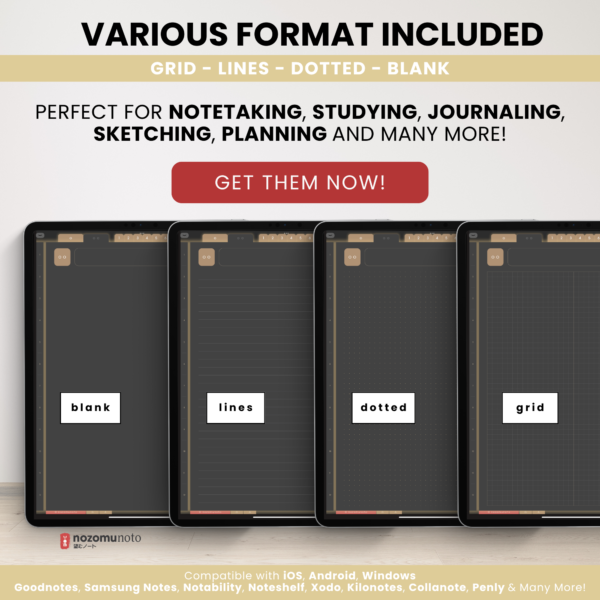 Digital Notebook V2 Yume Noto NozomuNoto Japanese Multipurpose Minimalist ADHD Bullet Journal Hyperlinked PDF Goodnotes Notability Android Tablet iPad Student Study Teacher Travel Cornell Grid Lines Dotted Template Noteshelf Noteful Kilonotes Collanote Zoomnotes Samsung Xodo