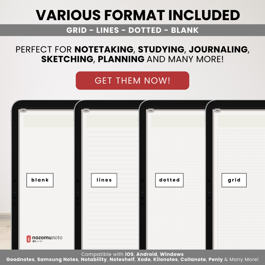 Digital Notebook V2 Landscape Yume Noto NozomuNoto Japanese Multipurpose Minimalist ADHD Bullet Journal Hyperlinked PDF Goodnotes Notability Android Tablet iPad Student Study Teacher Travel Cornell Grid Lines Dotted Template Noteshelf Samsung Xodo