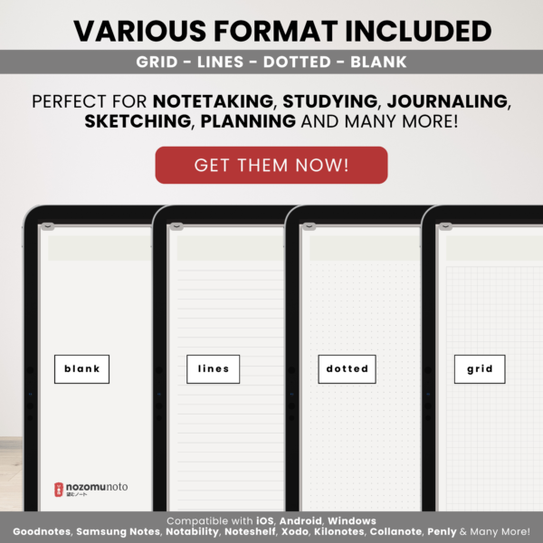 Digital Notebook V2 Landscape Yume Noto NozomuNoto Japanese Multipurpose Minimalist ADHD Bullet Journal Hyperlinked PDF Goodnotes Notability Android Tablet iPad Student Study Teacher Travel Cornell Grid Lines Dotted Template Noteshelf Samsung Xodo