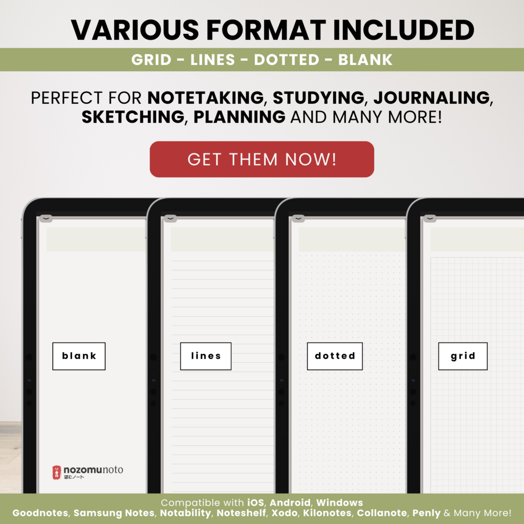 Digital Notebook V2 Landscape Yume Noto NozomuNoto Japanese Multipurpose Minimalist ADHD Bullet Journal Hyperlinked PDF Goodnotes Notability Android Tablet iPad Student Study Teacher Travel Cornell Grid Lines Dotted Template Noteshelf Samsung Xodo
