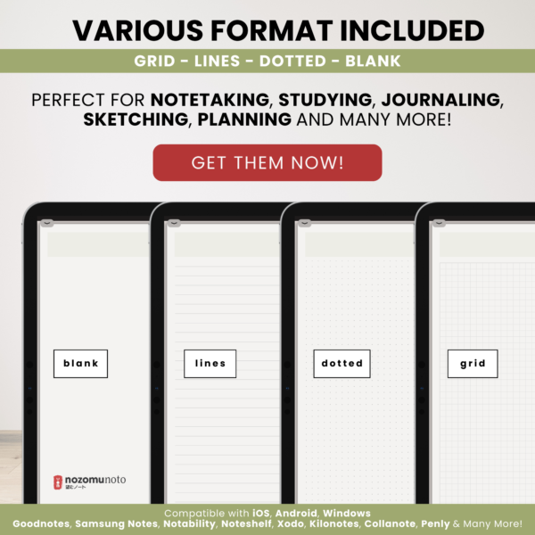 Digital Notebook V2 Landscape Yume Noto NozomuNoto Japanese Multipurpose Minimalist ADHD Bullet Journal Hyperlinked PDF Goodnotes Notability Android Tablet iPad Student Study Teacher Travel Cornell Grid Lines Dotted Template Noteshelf Samsung Xodo