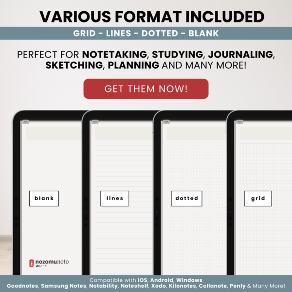 Digital Notebook V2 Landscape Yume Noto NozomuNoto Japanese Multipurpose Minimalist ADHD Bullet Journal Hyperlinked PDF Goodnotes Notability Android Tablet iPad Student Study Teacher Travel Cornell Grid Lines Dotted Template Noteshelf Samsung Xodo