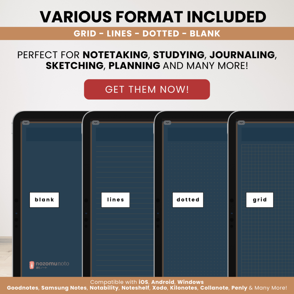 Digital Notebook V2 Landscape Dark Yume Noto NozomuNoto Japanese Multipurpose Minimalist ADHD Bullet Journal Hyperlinked PDF Goodnotes Notability Android Tablet iPad Student Study Teacher Travel Cornell Grid Lines Dotted Template Noteshelf Samsung