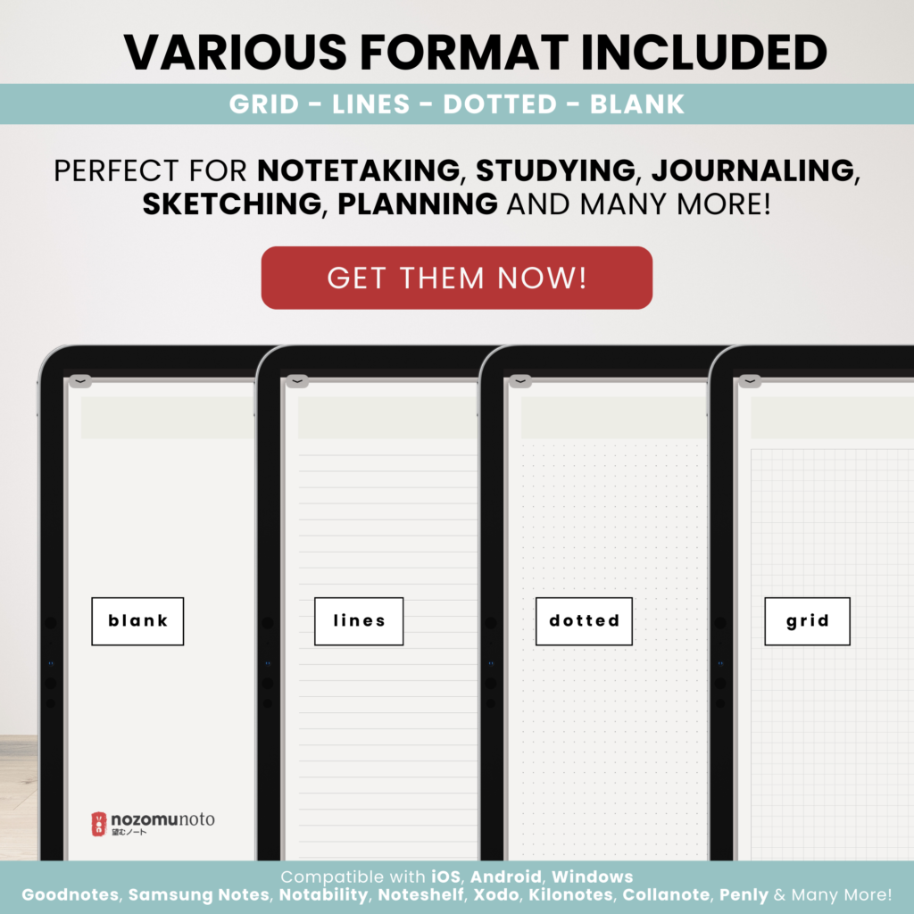 Digital Notebook V2 Landscape Yume Noto NozomuNoto Japanese Multipurpose Minimalist ADHD Bullet Journal Hyperlinked PDF Goodnotes Notability Android Tablet iPad Student Study Teacher Travel Cornell Grid Lines Dotted Template Noteshelf Samsung Xodo