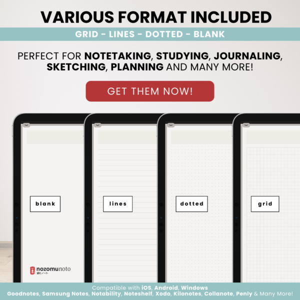 Digital Notebook V2 Landscape Yume Noto NozomuNoto Japanese Multipurpose Minimalist ADHD Bullet Journal Hyperlinked PDF Goodnotes Notability Android Tablet iPad Student Study Teacher Travel Cornell Grid Lines Dotted Template Noteshelf Samsung Xodo