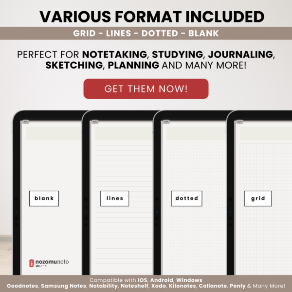 Digital Notebook V2 Landscape Yume Noto NozomuNoto Japanese Multipurpose Minimalist ADHD Bullet Journal Hyperlinked PDF Goodnotes Notability Android Tablet iPad Student Study Teacher Travel Cornell Grid Lines Dotted Template Noteshelf Samsung Xodo
