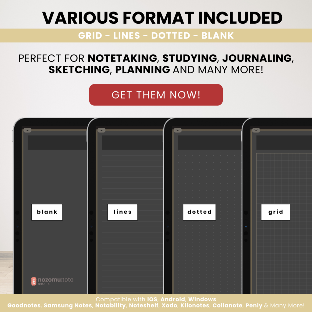 Digital Notebook V2 Landscape Dark Yume Noto NozomuNoto Japanese Multipurpose Minimalist ADHD Bullet Journal Hyperlinked PDF Goodnotes Notability Android Tablet iPad Student Study Teacher Travel Cornell Grid Lines Dotted Template Noteshelf Samsung