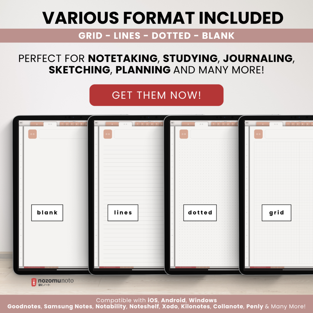 Digital Notebook V2 Yume Noto NozomuNoto Japanese Multipurpose Minimalist ADHD Bullet Journal Hyperlinked PDF Goodnotes Notability Android Tablet iPad Student Study Teacher Travel Cornell Grid Lines Dotted Template Noteshelf Noteful Kilonotes Collanote Zoomnotes Samsung Xodo