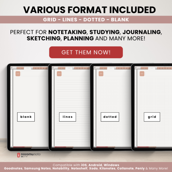 Digital Notebook V2 Yume Noto NozomuNoto Japanese Multipurpose Minimalist ADHD Bullet Journal Hyperlinked PDF Goodnotes Notability Android Tablet iPad Student Study Teacher Travel Cornell Grid Lines Dotted Template Noteshelf Noteful Kilonotes Collanote Zoomnotes Samsung Xodo