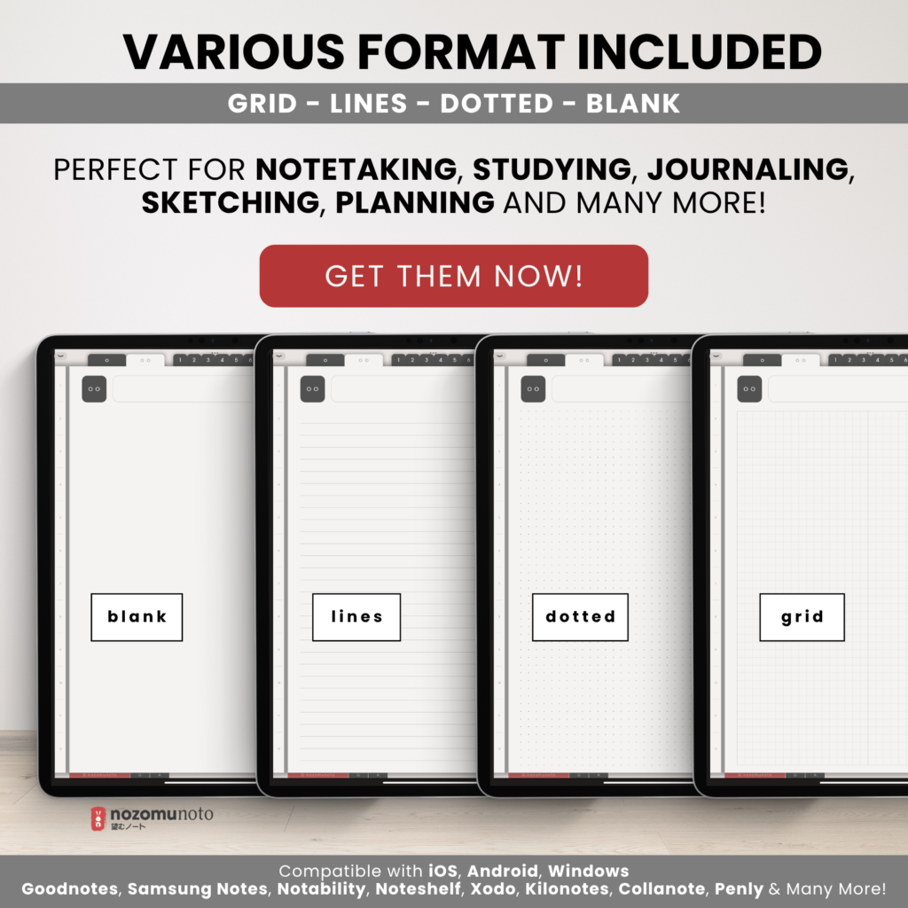 Digital Notebook V2 Yume Noto NozomuNoto Japanese Multipurpose Minimalist ADHD Bullet Journal Hyperlinked PDF Goodnotes Notability Android Tablet iPad Student Study Teacher Travel Cornell Grid Lines Dotted Template Noteshelf Noteful Kilonotes Collanote Zoomnotes Samsung Xodo