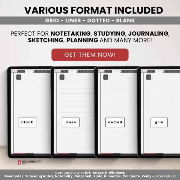 Digital Notebook V2 Yume Noto NozomuNoto Japanese Multipurpose Minimalist ADHD Bullet Journal Hyperlinked PDF Goodnotes Notability Android Tablet iPad Student Study Teacher Travel Cornell Grid Lines Dotted Template Noteshelf Noteful Kilonotes Collanote Zoomnotes Samsung Xodo