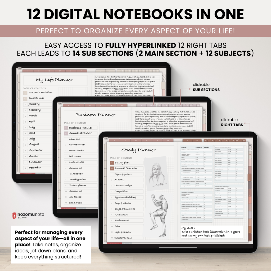 Digital Notebook V2 Landscape Yume Noto NozomuNoto Japanese Multipurpose Minimalist ADHD Bullet Journal Hyperlinked PDF Goodnotes Notability Android Tablet iPad Student Study Teacher Travel Cornell Grid Lines Dotted Template Noteshelf Samsung Xodo