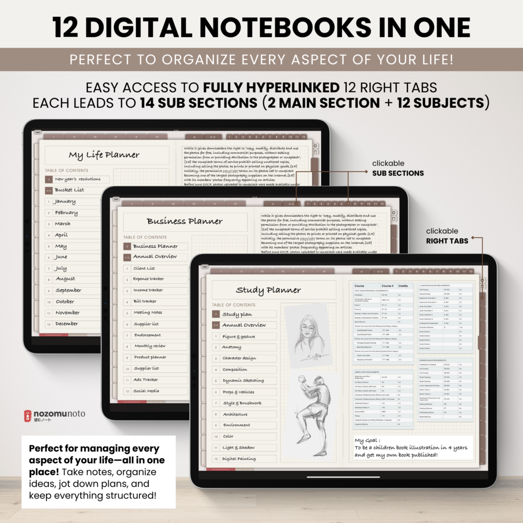 Digital Notebook V2 Landscape Yume Noto NozomuNoto Japanese Multipurpose Minimalist ADHD Bullet Journal Hyperlinked PDF Goodnotes Notability Android Tablet iPad Student Study Teacher Travel Cornell Grid Lines Dotted Template Noteshelf Samsung Xodo