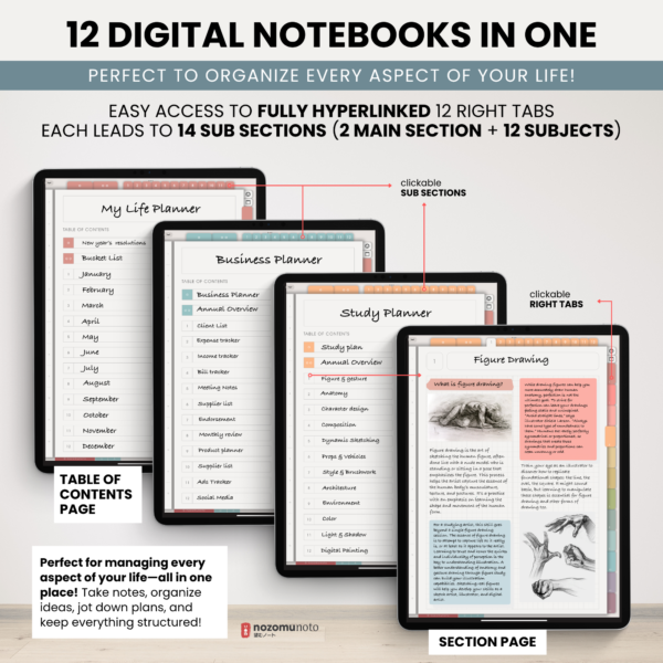 Digital Notebook V2 Yume Noto NozomuNoto Japanese Multipurpose Minimalist ADHD Bullet Journal Hyperlinked PDF Goodnotes Notability Android Tablet iPad Student Study Teacher Travel Cornell Grid Lines Dotted Template Noteshelf Noteful Kilonotes Collanote Zoomnotes Samsung Xodo