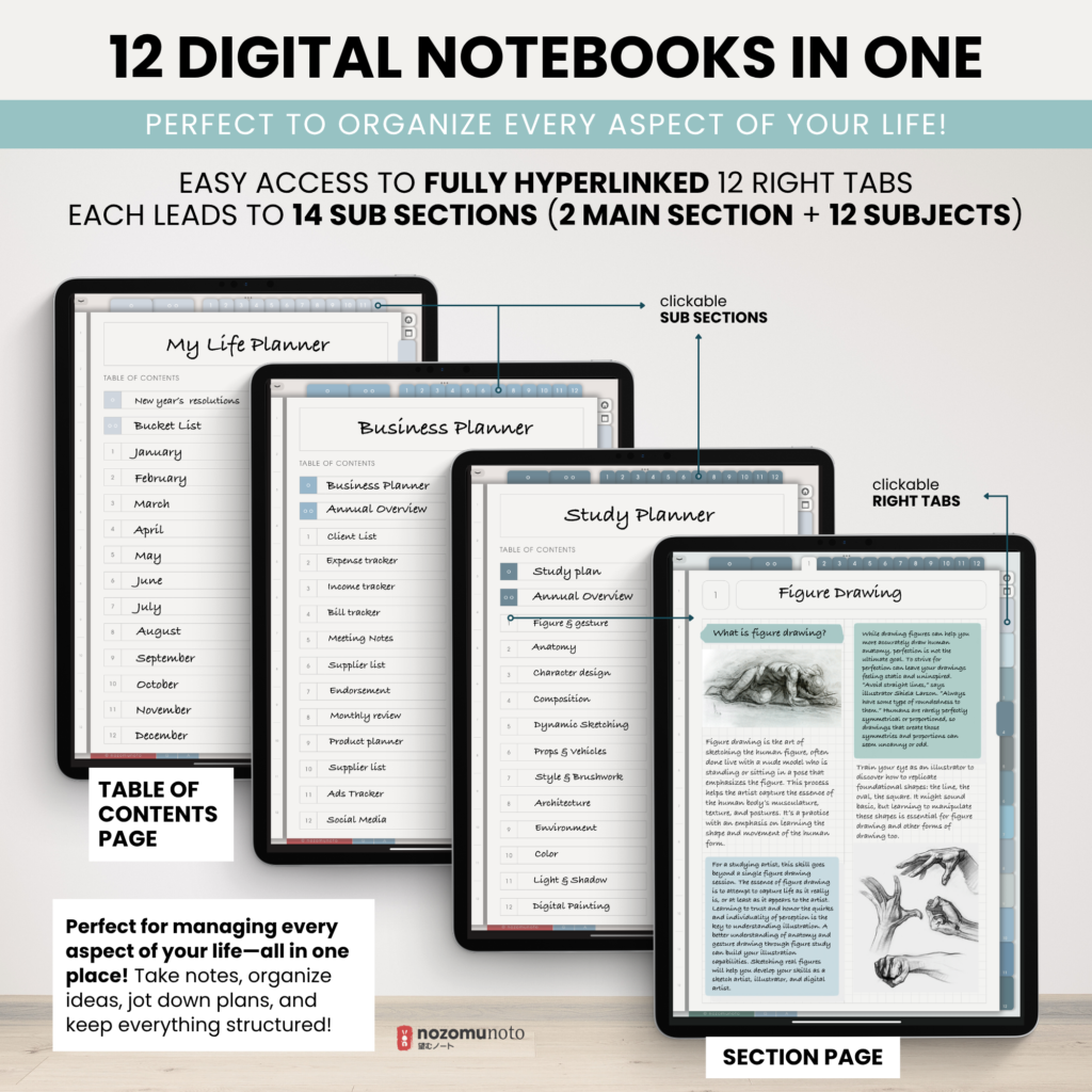 Digital Notebook V2 Yume Noto NozomuNoto Japanese Multipurpose Minimalist ADHD Bullet Journal Hyperlinked PDF Goodnotes Notability Android Tablet iPad Student Study Teacher Travel Cornell Grid Lines Dotted Template Noteshelf Noteful Kilonotes Collanote Zoomnotes Samsung Xodo