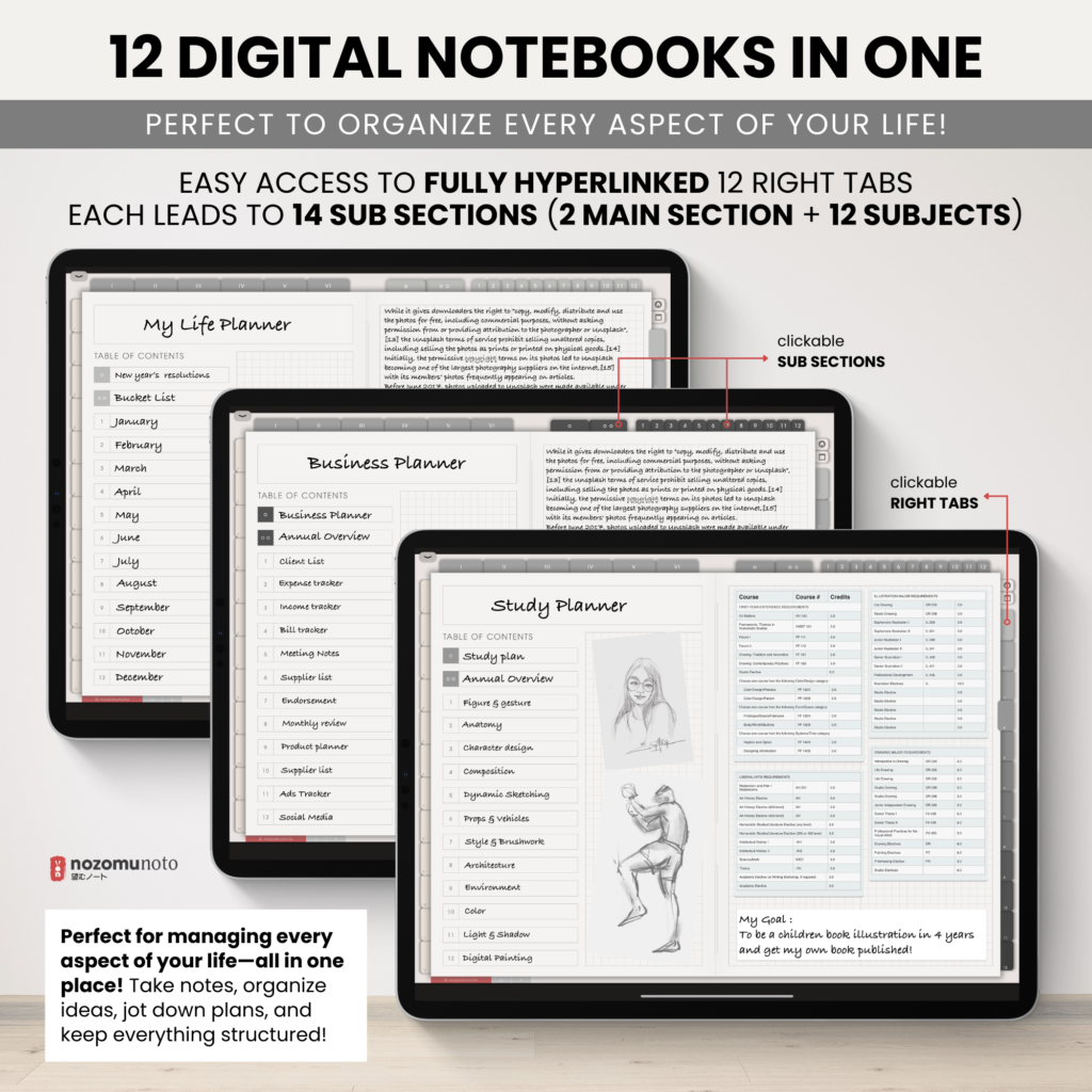 Digital Notebook V2 Landscape Yume Noto NozomuNoto Japanese Multipurpose Minimalist ADHD Bullet Journal Hyperlinked PDF Goodnotes Notability Android Tablet iPad Student Study Teacher Travel Cornell Grid Lines Dotted Template Noteshelf Samsung Xodo