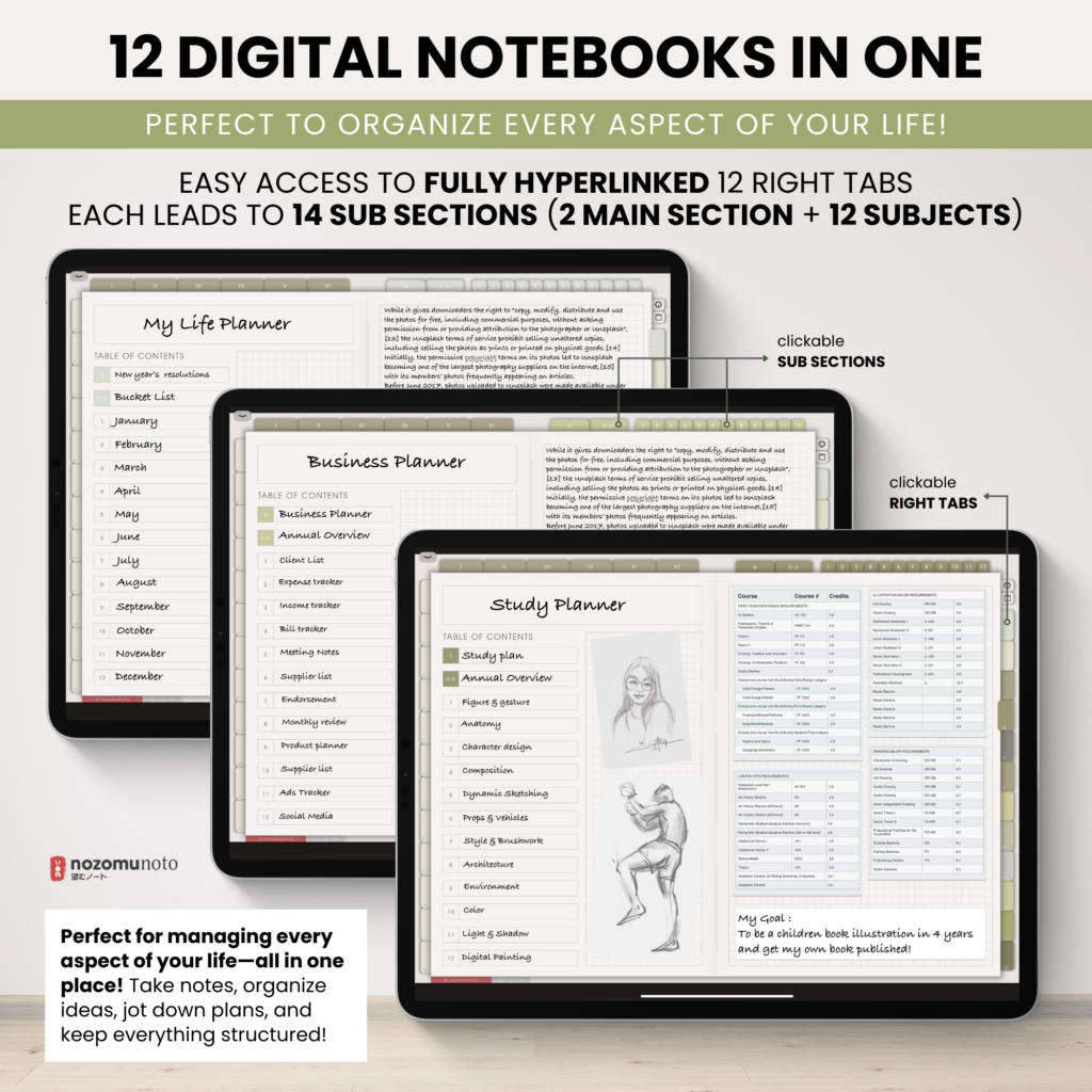 Digital Notebook V2 Landscape Yume Noto NozomuNoto Japanese Multipurpose Minimalist ADHD Bullet Journal Hyperlinked PDF Goodnotes Notability Android Tablet iPad Student Study Teacher Travel Cornell Grid Lines Dotted Template Noteshelf Samsung Xodo