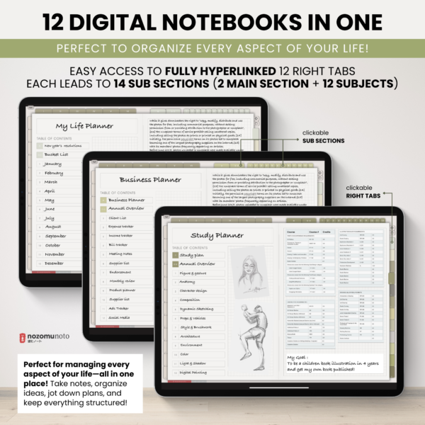 Digital Notebook V2 Landscape Yume Noto NozomuNoto Japanese Multipurpose Minimalist ADHD Bullet Journal Hyperlinked PDF Goodnotes Notability Android Tablet iPad Student Study Teacher Travel Cornell Grid Lines Dotted Template Noteshelf Samsung Xodo