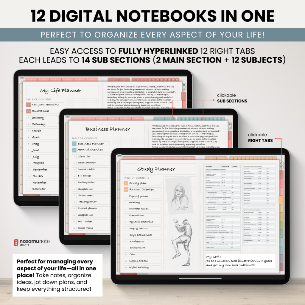 Digital Notebook V2 Landscape Yume Noto NozomuNoto Japanese Multipurpose Minimalist ADHD Bullet Journal Hyperlinked PDF Goodnotes Notability Android Tablet iPad Student Study Teacher Travel Cornell Grid Lines Dotted Template Noteshelf Samsung Xodo