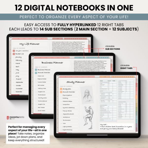 Digital Notebook V2 Landscape Yume Noto NozomuNoto Japanese Multipurpose Minimalist ADHD Bullet Journal Hyperlinked PDF Goodnotes Notability Android Tablet iPad Student Study Teacher Travel Cornell Grid Lines Dotted Template Noteshelf Samsung Xodo
