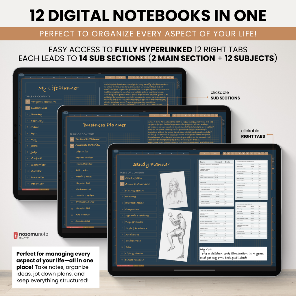 Digital Notebook V2 Landscape Dark Yume Noto NozomuNoto Japanese Multipurpose Minimalist ADHD Bullet Journal Hyperlinked PDF Goodnotes Notability Android Tablet iPad Student Study Teacher Travel Cornell Grid Lines Dotted Template Noteshelf Samsung
