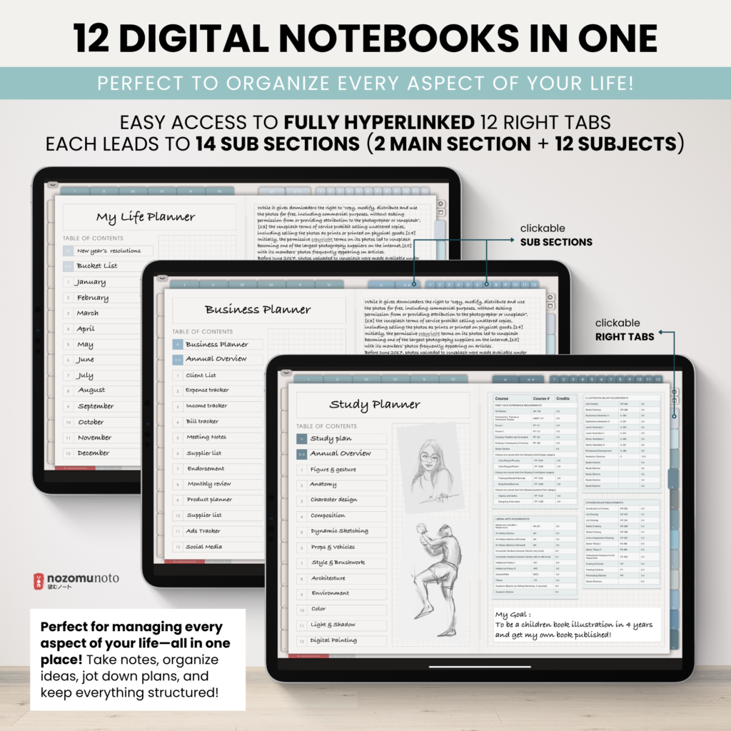 Digital Notebook V2 Landscape Yume Noto NozomuNoto Japanese Multipurpose Minimalist ADHD Bullet Journal Hyperlinked PDF Goodnotes Notability Android Tablet iPad Student Study Teacher Travel Cornell Grid Lines Dotted Template Noteshelf Samsung Xodo