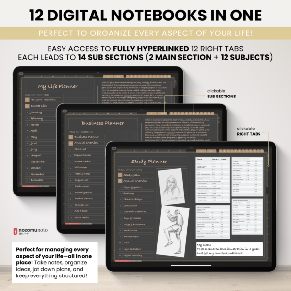 Digital Notebook V2 Landscape Dark Yume Noto NozomuNoto Japanese Multipurpose Minimalist ADHD Bullet Journal Hyperlinked PDF Goodnotes Notability Android Tablet iPad Student Study Teacher Travel Cornell Grid Lines Dotted Template Noteshelf Samsung