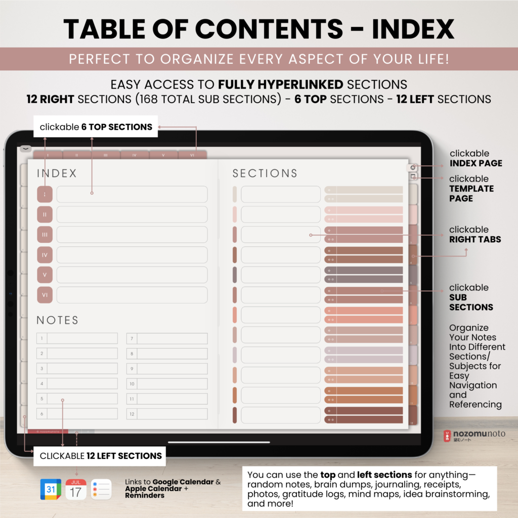 Digital Notebook V2 Landscape Yume Noto NozomuNoto Japanese Multipurpose Minimalist ADHD Bullet Journal Hyperlinked PDF Goodnotes Notability Android Tablet iPad Student Study Teacher Travel Cornell Grid Lines Dotted Template Noteshelf Samsung Xodo