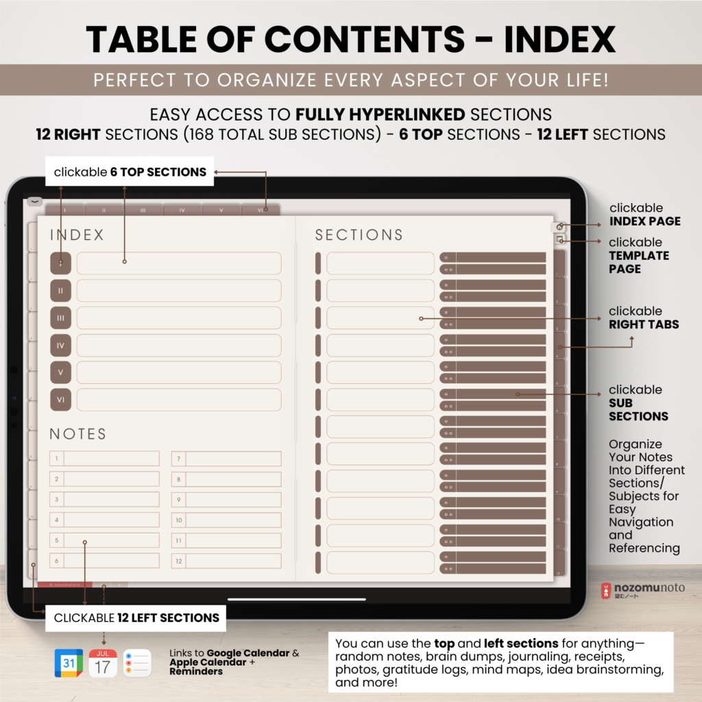 Digital Notebook V2 Landscape Yume Noto NozomuNoto Japanese Multipurpose Minimalist ADHD Bullet Journal Hyperlinked PDF Goodnotes Notability Android Tablet iPad Student Study Teacher Travel Cornell Grid Lines Dotted Template Noteshelf Samsung Xodo