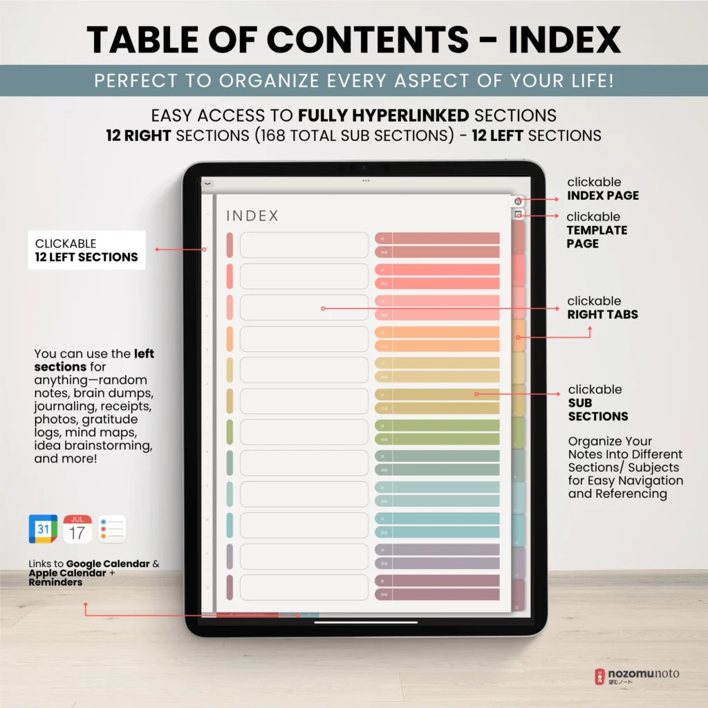 Digital Notebook V2 Portrait Light Garden index page preview.